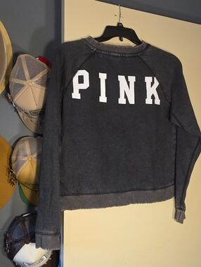PINK Victoria's Secret Washed Black Crewneck Sweatshirt with Dog Logo Distressed